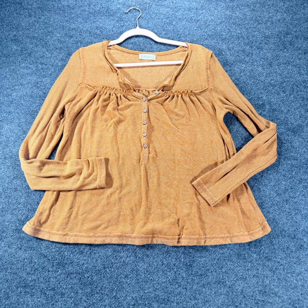 Altar'd State Henley Top Boho Ruffle Stripe Long Sleeve Mustard Yellow Medium M